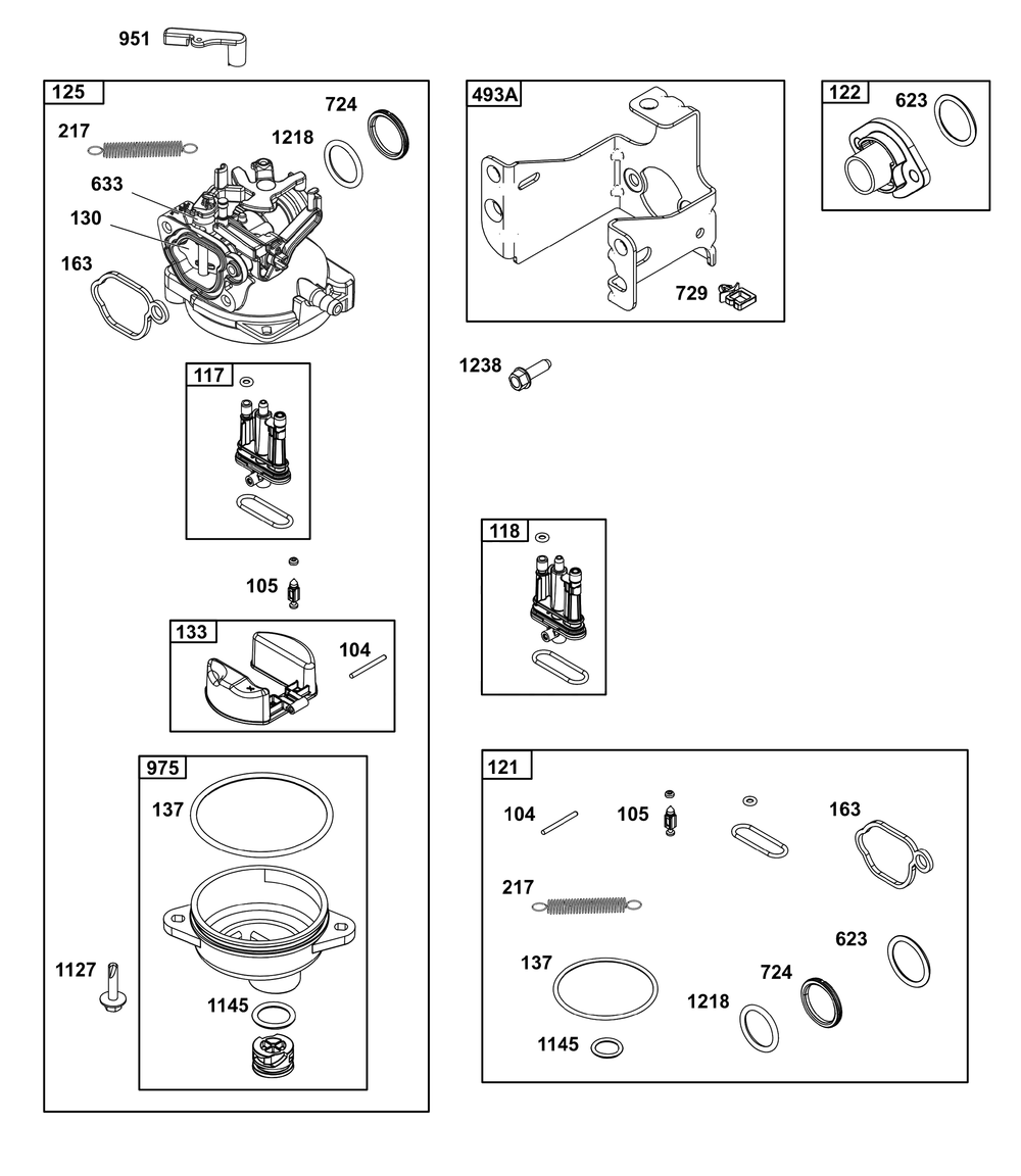 Carburetor Group Diagram and Parts List for 125P02-0070-F1  Cub Cadet Lawn Mower